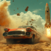 A red car is seen driving through a vast desert landscape, with dust swirling around it. In the background, a rocket is visible, adding an element of mystery and intrigue to the scene. The car appears to be in motion, kicking up clouds of dust as it moves across the arid terrain. The desert setting is barren and desolate, with rocky outcrops adding to the rugged atmosphere. The image conveys a sense of adventure and exploration, with the rocket symbolizing the potential for futuristic journeys and new horizons.