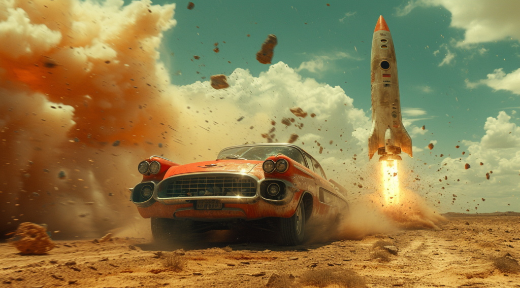 A red car is seen driving through a vast desert landscape, with dust swirling around it. In the background, a rocket is visible, adding an element of mystery and intrigue to the scene. The car appears to be in motion, kicking up clouds of dust as it moves across the arid terrain. The desert setting is barren and desolate, with rocky outcrops adding to the rugged atmosphere. The image conveys a sense of adventure and exploration, with the rocket symbolizing the potential for futuristic journeys and new horizons.