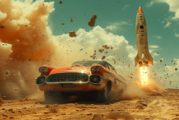A red car is seen driving through a vast desert landscape, with dust swirling around it. In the background, a rocket is visible, adding an element of mystery and intrigue to the scene. The car appears to be in motion, kicking up clouds of dust as it moves across the arid terrain. The desert setting is barren and desolate, with rocky outcrops adding to the rugged atmosphere. The image conveys a sense of adventure and exploration, with the rocket symbolizing the potential for futuristic journeys and new horizons.