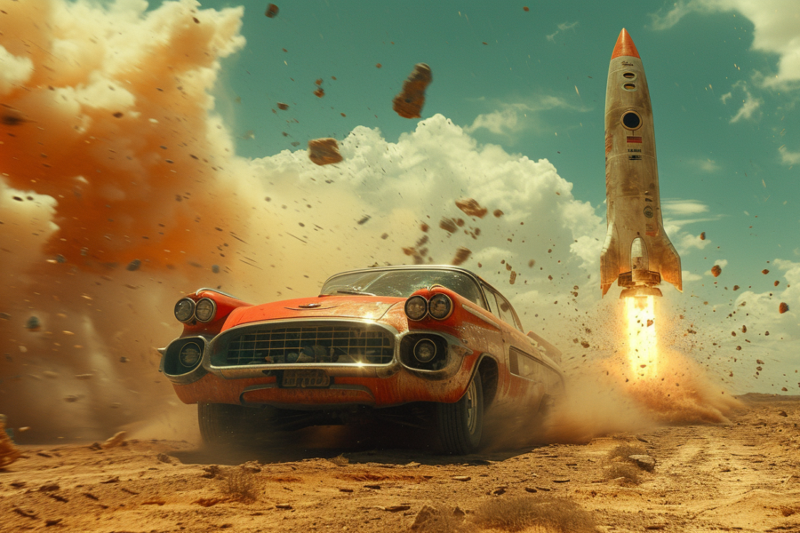 A red car is seen driving through a vast desert landscape, with dust swirling around it. In the background, a rocket is visible, adding an element of mystery and intrigue to the scene. The car appears to be in motion, kicking up clouds of dust as it moves across the arid terrain. The desert setting is barren and desolate, with rocky outcrops adding to the rugged atmosphere. The image conveys a sense of adventure and exploration, with the rocket symbolizing the potential for futuristic journeys and new horizons.