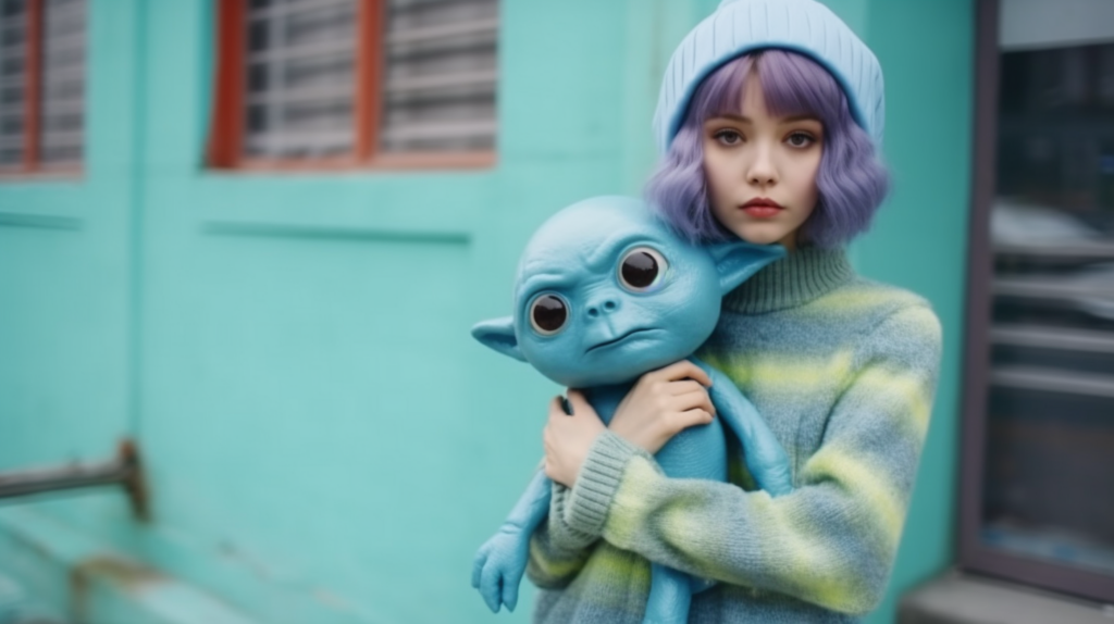 A young woman with purple hair is seen holding a stuffed toy in her arms. The toy is a blue alien doll with a cute face. The woman is wearing a blue hat and is standing against a blue background. The doll has green clothing and large eyes, adding to its charm. The woman''s expression is gentle and caring as she holds the toy close to her. The image captures a moment of tenderness and playfulness, highlighting the connection between the woman and the toy. The overall color scheme of the image is predominantly blue and green, creating a soothing and harmonious visual aesthetic.