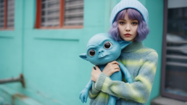 A young woman with purple hair is seen holding a stuffed toy in her arms. The toy is a blue alien doll with a cute face. The woman is wearing a blue hat and is standing against a blue background. The doll has green clothing and large eyes, adding to its charm. The woman''s expression is gentle and caring as she holds the toy close to her. The image captures a moment of tenderness and playfulness, highlighting the connection between the woman and the toy. The overall color scheme of the image is predominantly blue and green, creating a soothing and harmonious visual aesthetic.