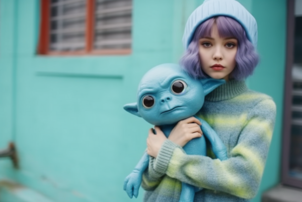 A young woman with purple hair is seen holding a stuffed toy in her arms. The toy is a blue alien doll with a cute face. The woman is wearing a blue hat and is standing against a blue background. The doll has green clothing and large eyes, adding to its charm. The woman''s expression is gentle and caring as she holds the toy close to her. The image captures a moment of tenderness and playfulness, highlighting the connection between the woman and the toy. The overall color scheme of the image is predominantly blue and green, creating a soothing and harmonious visual aesthetic.