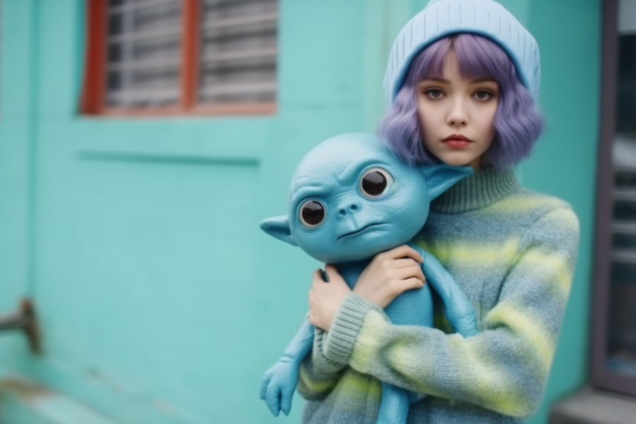 A young woman with purple hair is seen holding a stuffed toy in her arms. The toy is a blue alien doll with a cute face. The woman is wearing a blue hat and is standing against a blue background. The doll has green clothing and large eyes, adding to its charm. The woman''s expression is gentle and caring as she holds the toy close to her. The image captures a moment of tenderness and playfulness, highlighting the connection between the woman and the toy. The overall color scheme of the image is predominantly blue and green, creating a soothing and harmonious visual aesthetic.