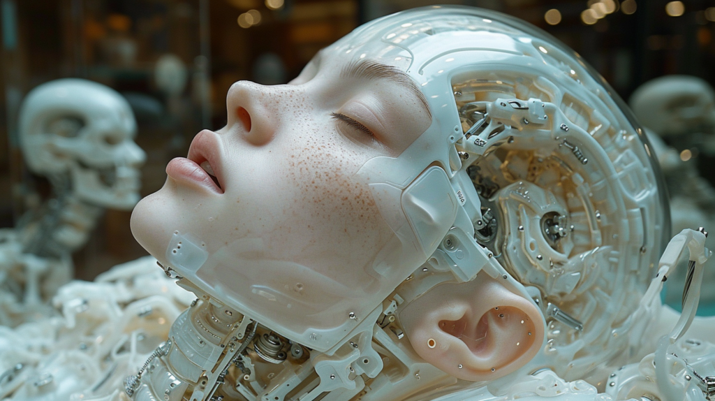 A close-up image showing a person wearing a head device that resembles a white helmet with a red nose. The person appears to have a robotic body and a skeleton in the background, giving off a sci-fi or futuristic vibe. The individual''s face is partially obscured by the head device, adding mystery to the scene. The overall color scheme includes shades of grey, green, and black, creating a slightly ominous atmosphere. The image could be interpreted as a depiction of a character from a sci-fi movie or a futuristic sculpture.
