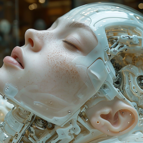 A close-up image showing a person wearing a head device that resembles a white helmet with a red nose. The person appears to have a robotic body and a skeleton in the background, giving off a sci-fi or futuristic vibe. The individual''s face is partially obscured by the head device, adding mystery to the scene. The overall color scheme includes shades of grey, green, and black, creating a slightly ominous atmosphere. The image could be interpreted as a depiction of a character from a sci-fi movie or a futuristic sculpture.