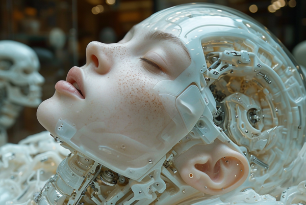 A close-up image showing a person wearing a head device that resembles a white helmet with a red nose. The person appears to have a robotic body and a skeleton in the background, giving off a sci-fi or futuristic vibe. The individual''s face is partially obscured by the head device, adding mystery to the scene. The overall color scheme includes shades of grey, green, and black, creating a slightly ominous atmosphere. The image could be interpreted as a depiction of a character from a sci-fi movie or a futuristic sculpture.