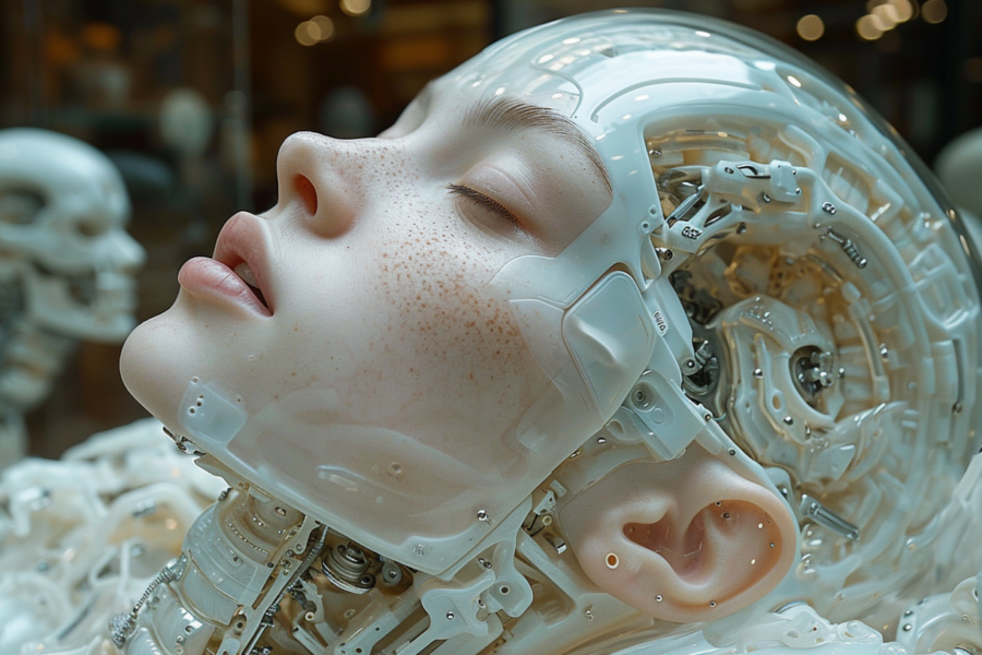 A close-up image showing a person wearing a head device that resembles a white helmet with a red nose. The person appears to have a robotic body and a skeleton in the background, giving off a sci-fi or futuristic vibe. The individual''s face is partially obscured by the head device, adding mystery to the scene. The overall color scheme includes shades of grey, green, and black, creating a slightly ominous atmosphere. The image could be interpreted as a depiction of a character from a sci-fi movie or a futuristic sculpture.