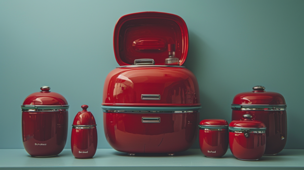 In the image, there is a red refrigerator prominently displayed along with four red containers placed on a shelf. The containers are of varying sizes and shapes, with some having lids and others with a red lid. Additionally, there are bottles scattered around the scene, one near the refrigerator, one on the floor, and another on a nearby table. The color scheme of the image consists of shades of red, green, and brown. The setting appears to be a kitchen, with a blender and a mailbox visible in the background. The overall theme is red kitchen appliances and containers in a well-organized and visually appealing arrangement.