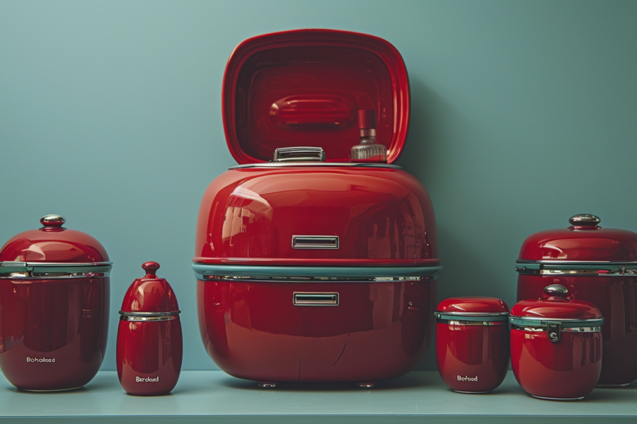 In the image, there is a red refrigerator prominently displayed along with four red containers placed on a shelf. The containers are of varying sizes and shapes, with some having lids and others with a red lid. Additionally, there are bottles scattered around the scene, one near the refrigerator, one on the floor, and another on a nearby table. The color scheme of the image consists of shades of red, green, and brown. The setting appears to be a kitchen, with a blender and a mailbox visible in the background. The overall theme is red kitchen appliances and containers in a well-organized and visually appealing arrangement.