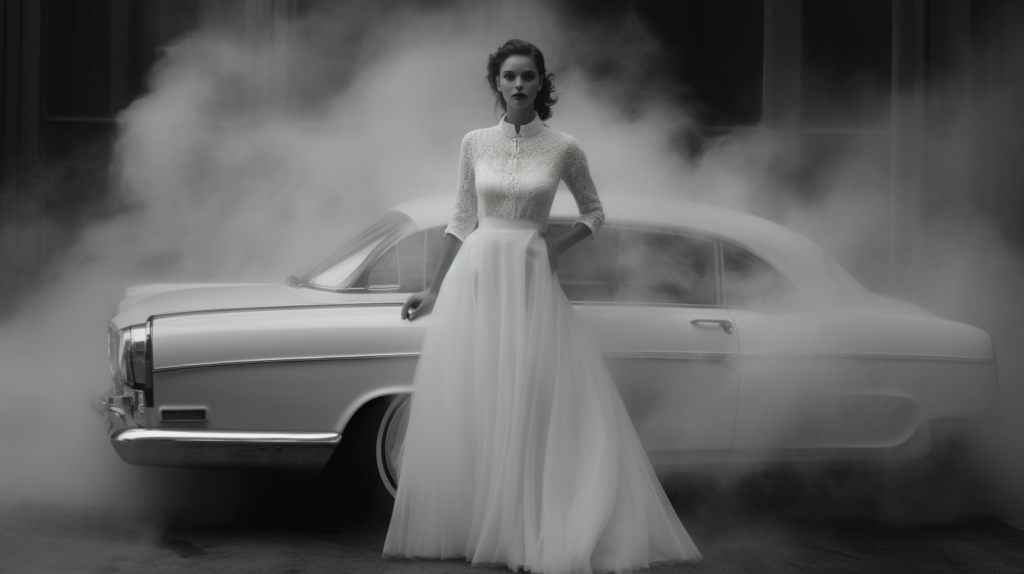 A stunning image captured in black and white featuring a woman in a beautiful white wedding dress standing elegantly next to a sleek car. The woman appears to be the focal point of the image, exuding grace and poise. She is standing confidently with one hand on her hip, showcasing the intricate details of her gown. In the background, a car is visible adding a touch of modernity to the classic scene. The overall composition exudes a sense of sophistication and elegance, making it a timeless and captivating moment.