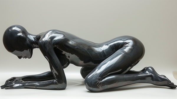 A striking black statue of a woman in a kneeling position commands attention with its intricate details and powerful posture. The sculpture, made of bronze, showcases the woman elegantly kneeling on her knees, exuding a sense of grace and strength. The black color of the statue adds to its bold presence, while the smooth surface reflects light, creating a mesmerizing effect. The statue''s design is both classic and modern, capturing the essence of femininity and resilience. This art piece is a captivating display of craftsmanship and emotion, sure to leave a lasting impression on viewers.