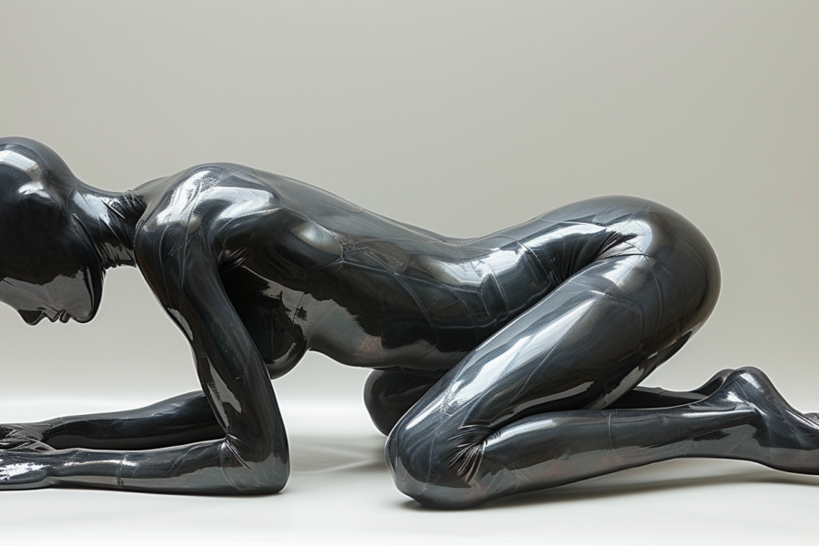 A striking black statue of a woman in a kneeling position commands attention with its intricate details and powerful posture. The sculpture, made of bronze, showcases the woman elegantly kneeling on her knees, exuding a sense of grace and strength. The black color of the statue adds to its bold presence, while the smooth surface reflects light, creating a mesmerizing effect. The statue''s design is both classic and modern, capturing the essence of femininity and resilience. This art piece is a captivating display of craftsmanship and emotion, sure to leave a lasting impression on viewers.