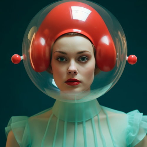 A young woman with long brown hair is wearing a bright red helmet on her head. She has a peaceful expression on her face and is looking directly at the camera. The helmet has a futuristic design, giving the woman a space-age look. She is also wearing a pair of white gloves. The background is blurred, focusing all attention on the woman and her unique headgear. The colors in the image are primarily shades of green and brown, with accents of red. The woman appears to be in her mid-20s and exudes a sense of confidence and strength.
