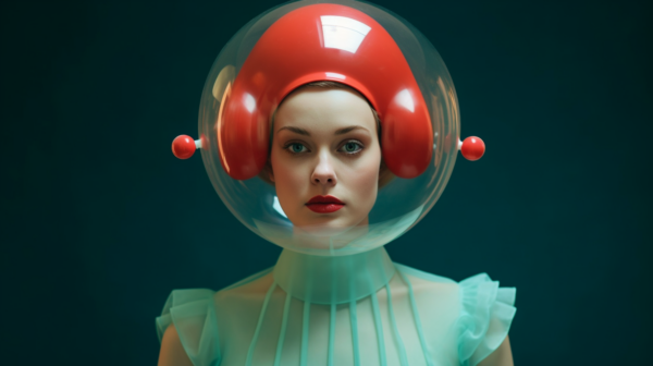 A young woman with long brown hair is wearing a bright red helmet on her head. She has a peaceful expression on her face and is looking directly at the camera. The helmet has a futuristic design, giving the woman a space-age look. She is also wearing a pair of white gloves. The background is blurred, focusing all attention on the woman and her unique headgear. The colors in the image are primarily shades of green and brown, with accents of red. The woman appears to be in her mid-20s and exudes a sense of confidence and strength.