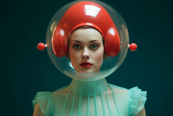A young woman with long brown hair is wearing a bright red helmet on her head. She has a peaceful expression on her face and is looking directly at the camera. The helmet has a futuristic design, giving the woman a space-age look. She is also wearing a pair of white gloves. The background is blurred, focusing all attention on the woman and her unique headgear. The colors in the image are primarily shades of green and brown, with accents of red. The woman appears to be in her mid-20s and exudes a sense of confidence and strength.