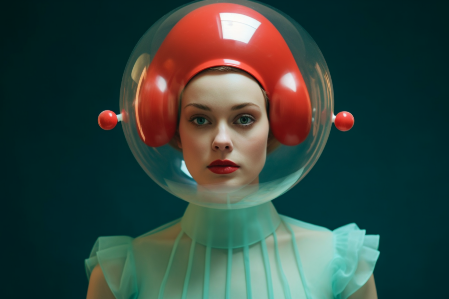 A young woman with long brown hair is wearing a bright red helmet on her head. She has a peaceful expression on her face and is looking directly at the camera. The helmet has a futuristic design, giving the woman a space-age look. She is also wearing a pair of white gloves. The background is blurred, focusing all attention on the woman and her unique headgear. The colors in the image are primarily shades of green and brown, with accents of red. The woman appears to be in her mid-20s and exudes a sense of confidence and strength.