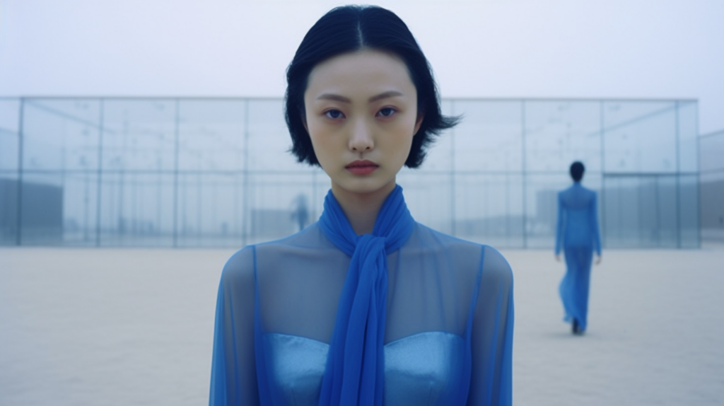In the image, a woman is elegantly dressed in a beautiful blue dress, standing in a courtyard. She exudes confidence and grace as she poses for the camera. The woman''s outfit perfectly complements her surroundings, creating a striking visual contrast. Additionally, there is another person in the background, also wearing a blue outfit. The overall color palette of the scene consists of shades of blue, creating a harmonious and serene atmosphere. The image captures a moment of sophistication and style, with the woman as the focal point of the composition.