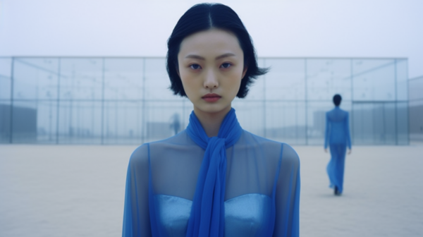 In the image, a woman is elegantly dressed in a beautiful blue dress, standing in a courtyard. She exudes confidence and grace as she poses for the camera. The woman''s outfit perfectly complements her surroundings, creating a striking visual contrast. Additionally, there is another person in the background, also wearing a blue outfit. The overall color palette of the scene consists of shades of blue, creating a harmonious and serene atmosphere. The image captures a moment of sophistication and style, with the woman as the focal point of the composition.