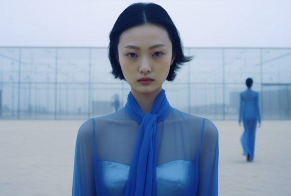 In the image, a woman is elegantly dressed in a beautiful blue dress, standing in a courtyard. She exudes confidence and grace as she poses for the camera. The woman''s outfit perfectly complements her surroundings, creating a striking visual contrast. Additionally, there is another person in the background, also wearing a blue outfit. The overall color palette of the scene consists of shades of blue, creating a harmonious and serene atmosphere. The image captures a moment of sophistication and style, with the woman as the focal point of the composition.