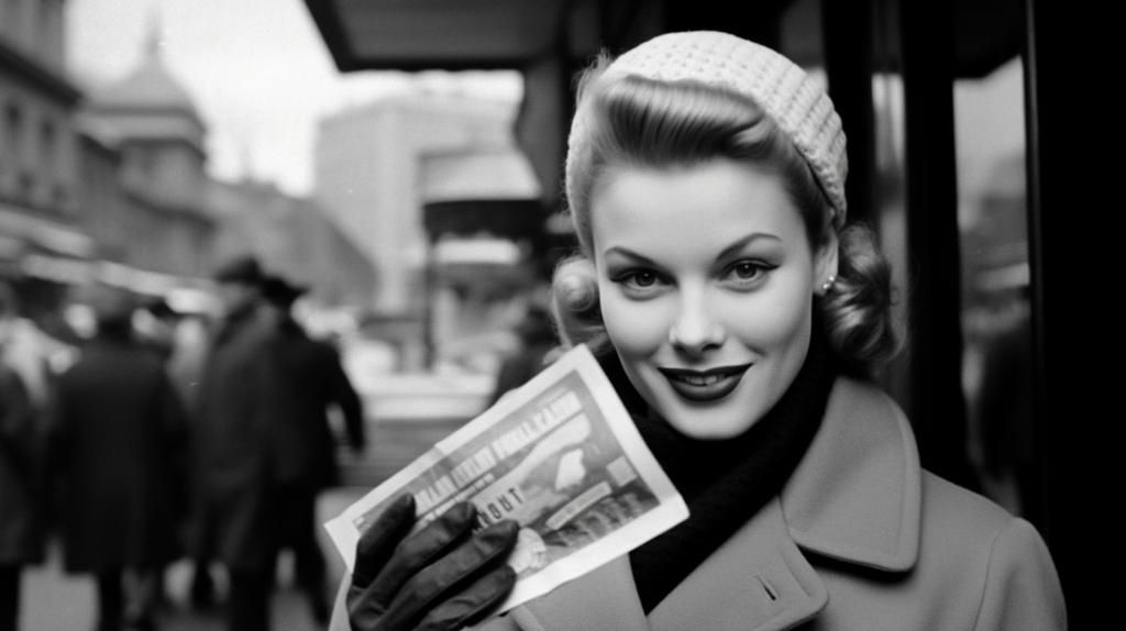 In this black and white photo, we see a woman holding a magazine in her hand. The woman appears to be in her late twenties, with a confident and stylish demeanor. She is wearing a coat and a knitted hat, adding a touch of warmth to the image. Her face is expressive, showing a hint of a smile. The magazine she is holding seems to be of importance, possibly featuring a picture of a building. The overall composition exudes a sense of sophistication and elegance. The image captures a moment of quiet contemplation and style.