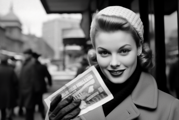 In this black and white photo, we see a woman holding a magazine in her hand. The woman appears to be in her late twenties, with a confident and stylish demeanor. She is wearing a coat and a knitted hat, adding a touch of warmth to the image. Her face is expressive, showing a hint of a smile. The magazine she is holding seems to be of importance, possibly featuring a picture of a building. The overall composition exudes a sense of sophistication and elegance. The image captures a moment of quiet contemplation and style.
