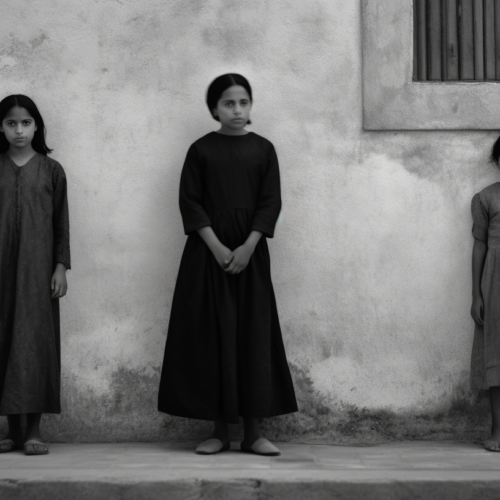 In this black and white photo, three young girls are standing in front of a building. The girls are all wearing dresses, with one girl wearing slippers and the other two wearing other types of shoes. The girls appear to be around 9 years old and are positioned in different areas in front of the building. They all have distinctive facial features and are looking towards the camera. The building behind them is a simple structure with no notable features. The overall aesthetic of the image is classic and nostalgic, capturing a moment of innocence and youth.