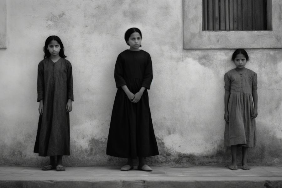 In this black and white photo, three young girls are standing in front of a building. The girls are all wearing dresses, with one girl wearing slippers and the other two wearing other types of shoes. The girls appear to be around 9 years old and are positioned in different areas in front of the building. They all have distinctive facial features and are looking towards the camera. The building behind them is a simple structure with no notable features. The overall aesthetic of the image is classic and nostalgic, capturing a moment of innocence and youth.