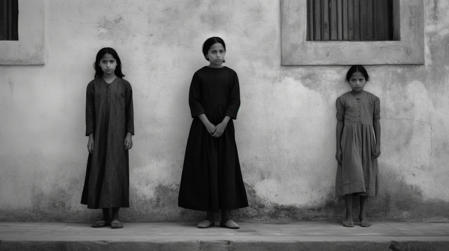 In this black and white photo, three young girls are standing in front of a building. The girls are all wearing dresses, with one girl wearing slippers and the other two wearing other types of shoes. The girls appear to be around 9 years old and are positioned in different areas in front of the building. They all have distinctive facial features and are looking towards the camera. The building behind them is a simple structure with no notable features. The overall aesthetic of the image is classic and nostalgic, capturing a moment of innocence and youth.