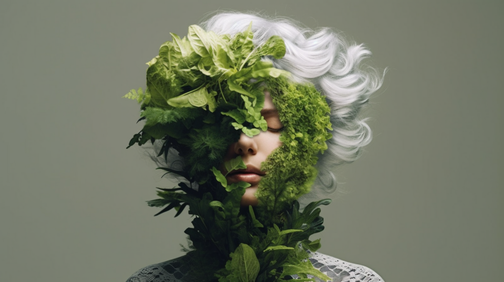 A woman with a green face covered in leaves is featured in the image. Her hair is white, creating a striking contrast against the vibrant green foliage. The leaves completely obscure her face, adding an element of mystery to her appearance. The woman''s expression is hidden, leaving her emotions a mystery to the viewer. The intricate details of the leaves and the soft texture of her hair create a visually captivating scene. The overall composition evokes a sense of nature and transformation, as if the woman is merging with the environment around her.