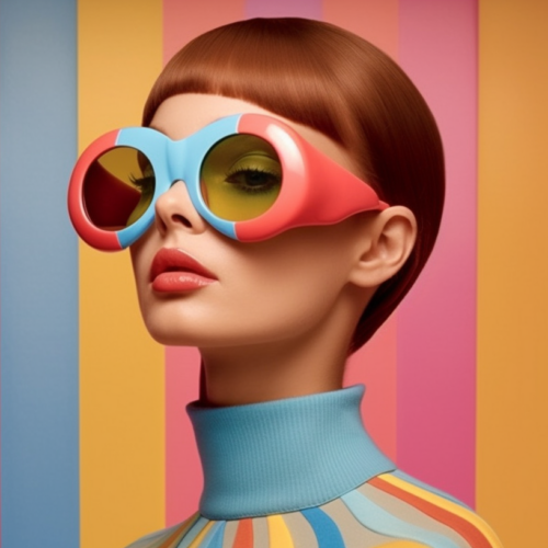 In this image, we see a woman wearing a pair of colorful sunglasses on her face. The sunglasses have a pink and blue tint to them, adding a fun and vibrant touch to her outfit. The woman is also wearing a striped turtleneck shirt, which complements the colorful glasses nicely. Her hair is styled in a casual manner, and she exudes a sense of confidence and style. The overall color palette of the image includes shades of pink, blue, and brown, adding to the playful and trendy vibe of the scene.