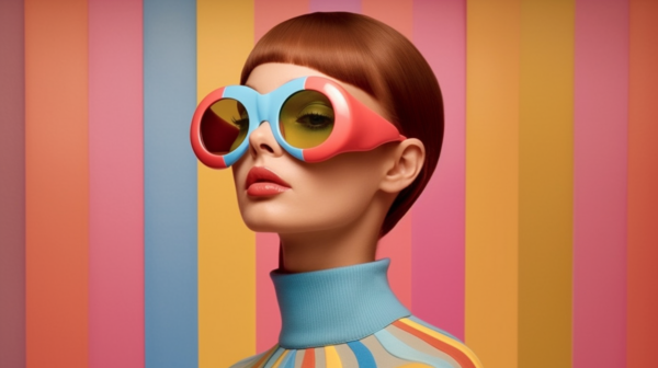 In this image, we see a woman wearing a pair of colorful sunglasses on her face. The sunglasses have a pink and blue tint to them, adding a fun and vibrant touch to her outfit. The woman is also wearing a striped turtleneck shirt, which complements the colorful glasses nicely. Her hair is styled in a casual manner, and she exudes a sense of confidence and style. The overall color palette of the image includes shades of pink, blue, and brown, adding to the playful and trendy vibe of the scene.