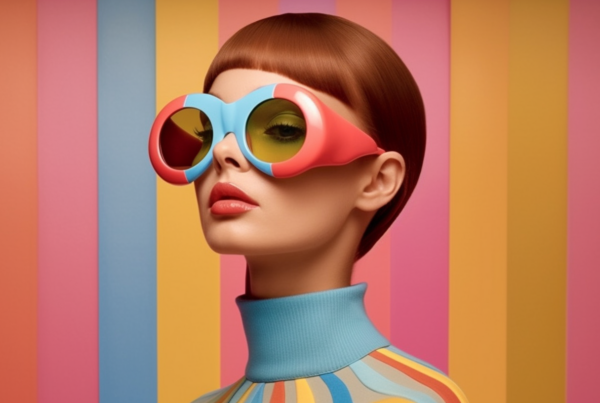 In this image, we see a woman wearing a pair of colorful sunglasses on her face. The sunglasses have a pink and blue tint to them, adding a fun and vibrant touch to her outfit. The woman is also wearing a striped turtleneck shirt, which complements the colorful glasses nicely. Her hair is styled in a casual manner, and she exudes a sense of confidence and style. The overall color palette of the image includes shades of pink, blue, and brown, adding to the playful and trendy vibe of the scene.