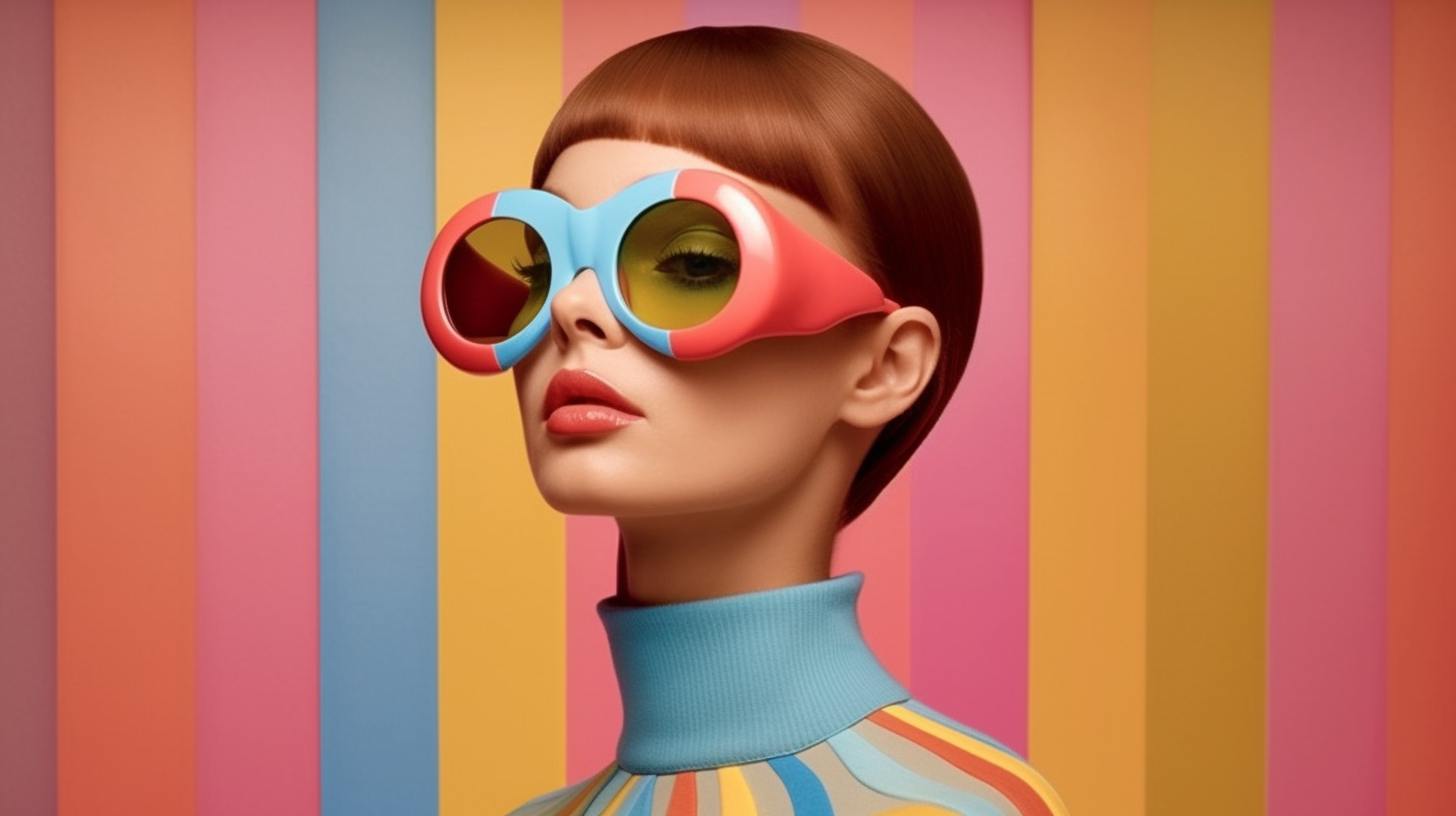 In this image, we see a woman wearing a pair of colorful sunglasses on her face. The sunglasses have a pink and blue tint to them, adding a fun and vibrant touch to her outfit. The woman is also wearing a striped turtleneck shirt, which complements the colorful glasses nicely. Her hair is styled in a casual manner, and she exudes a sense of confidence and style. The overall color palette of the image includes shades of pink, blue, and brown, adding to the playful and trendy vibe of the scene.