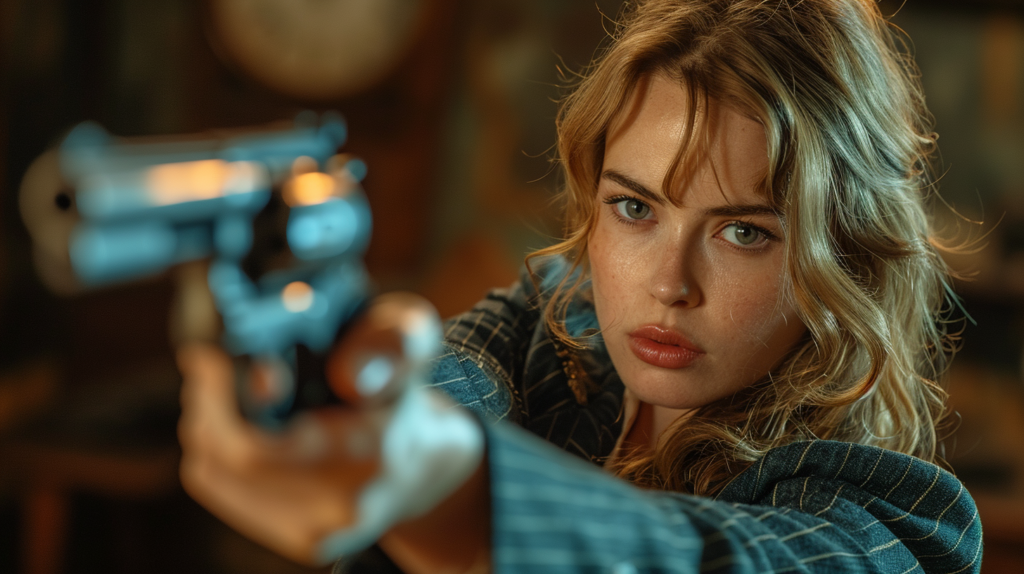 A woman in her late twenties is standing in a dimly lit room, holding a gun in her hand. She has long hair and is wearing a blue shirt with a plaid design. The focus is on her intense expression as she gazes directly at the camera. The background suggests a tense atmosphere, reminiscent of a scene from a suspenseful cinema thriller. The woman''s face is the central point of the image, conveying a mix of determination and possibly danger. The colors in the image are predominantly dark, with shades of black, green, and brown creating a moody and ominous ambiance.