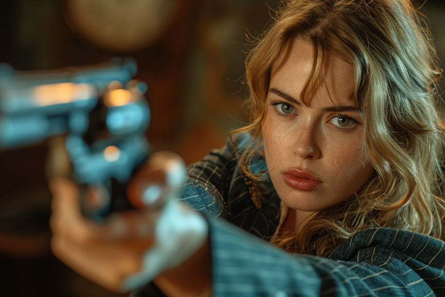 A woman in her late twenties is standing in a dimly lit room, holding a gun in her hand. She has long hair and is wearing a blue shirt with a plaid design. The focus is on her intense expression as she gazes directly at the camera. The background suggests a tense atmosphere, reminiscent of a scene from a suspenseful cinema thriller. The woman''s face is the central point of the image, conveying a mix of determination and possibly danger. The colors in the image are predominantly dark, with shades of black, green, and brown creating a moody and ominous ambiance.
