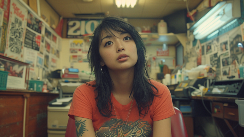 In this image, we see a young woman sitting in a room. She has a tattoo on her arm. The room is furnished with various items such as a picture frame on the wall, a lamp on a table, a storage box, a chair, a bottle, a cabinet/shelf, and a desk with a computer. The woman is wearing a necklace and appears to be focused on something off-camera. She has long black hair and is dressed in a casual outfit. The overall color scheme of the room is earthy tones with accents of red and green. The woman''s expression suggests a sense of calm and concentration.
