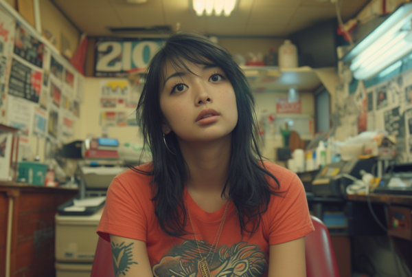 In this image, we see a young woman sitting in a room. She has a tattoo on her arm. The room is furnished with various items such as a picture frame on the wall, a lamp on a table, a storage box, a chair, a bottle, a cabinet/shelf, and a desk with a computer. The woman is wearing a necklace and appears to be focused on something off-camera. She has long black hair and is dressed in a casual outfit. The overall color scheme of the room is earthy tones with accents of red and green. The woman''s expression suggests a sense of calm and concentration.
