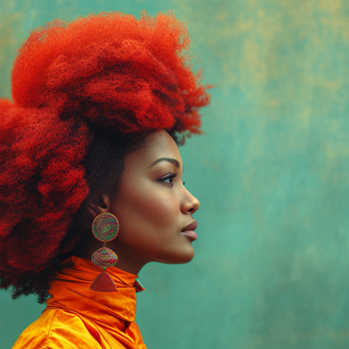 In this image, we see a woman with a striking and vibrant bright red afro hair. She is wearing a colorful dress and has a pair of earrings. The woman''s face is visible as she looks away from the camera. Additionally, there is a stuffed toy in the background. The colors in the image are primarily red, blue, and black. The woman''s red hair stands out as the focal point of the image. The overall composition suggests a sense of individuality and style. The woman''s unique hairstyle and colorful outfit make for a visually captivating scene.
