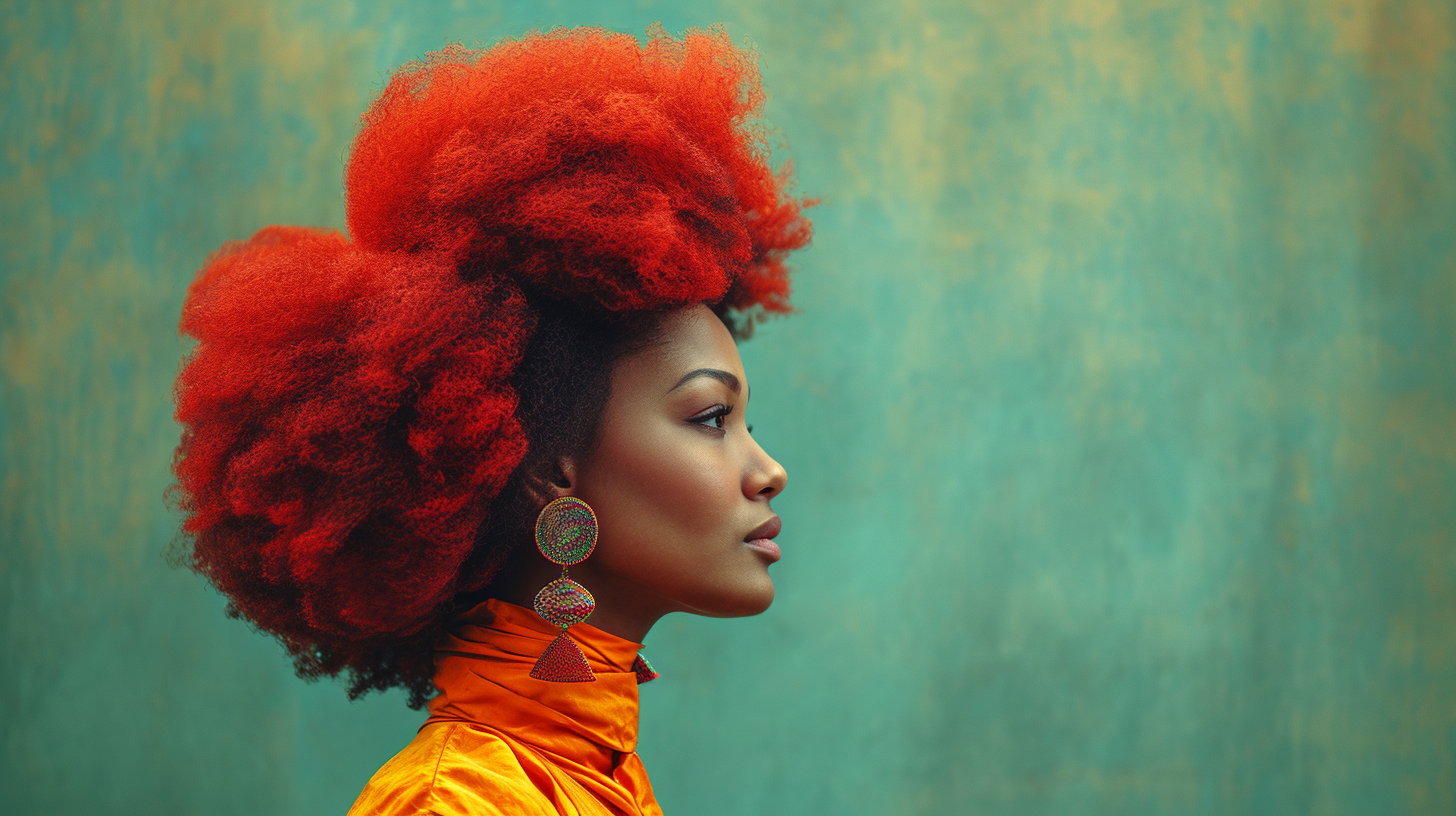 In this image, we see a woman with a striking and vibrant bright red afro hair. She is wearing a colorful dress and has a pair of earrings. The woman''s face is visible as she looks away from the camera. Additionally, there is a stuffed toy in the background. The colors in the image are primarily red, blue, and black. The woman''s red hair stands out as the focal point of the image. The overall composition suggests a sense of individuality and style. The woman''s unique hairstyle and colorful outfit make for a visually captivating scene.