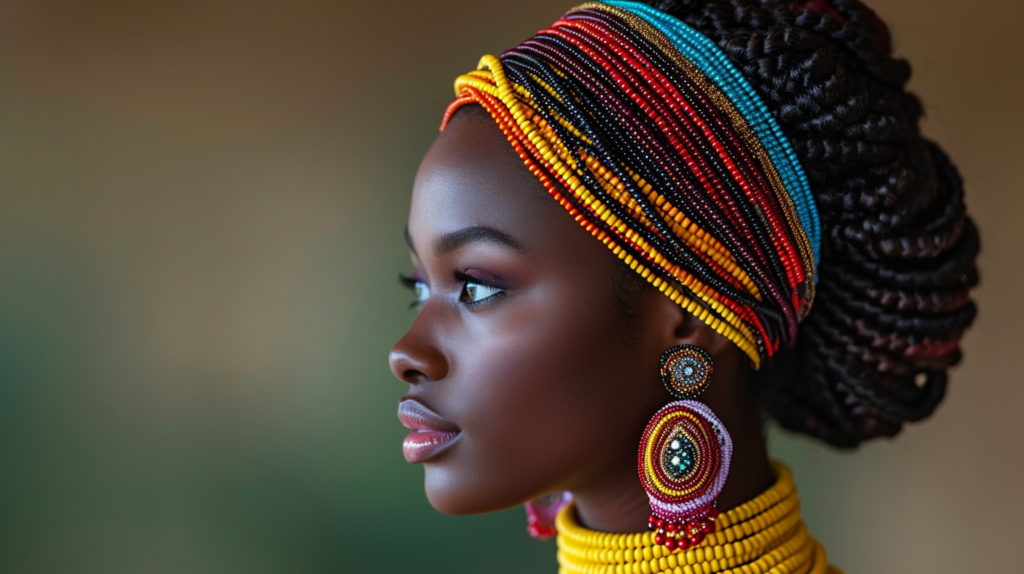 A woman with a colorful head wrap and earrings is depicted in the image. The woman is wearing a vibrant head scarf that covers her head and is adorned with intricate patterns. She also has on stylish earrings that complement her outfit. Her face is not visible, but her braid and neck are visible. The head scarf is a mix of colors, including shades of gray, brown, and gold. The woman appears beautiful and elegant with her accessories. The image is focused on the woman''s head and upper body, highlighting her unique style and fashion sense.