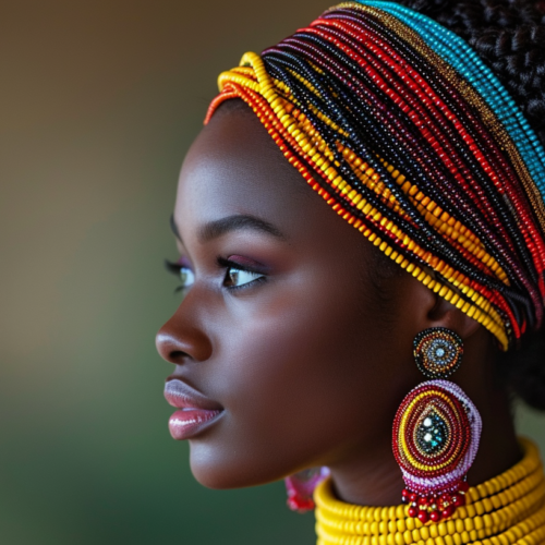 A woman with a colorful head wrap and earrings is depicted in the image. The woman is wearing a vibrant head scarf that covers her head and is adorned with intricate patterns. She also has on stylish earrings that complement her outfit. Her face is not visible, but her braid and neck are visible. The head scarf is a mix of colors, including shades of gray, brown, and gold. The woman appears beautiful and elegant with her accessories. The image is focused on the woman''s head and upper body, highlighting her unique style and fashion sense.