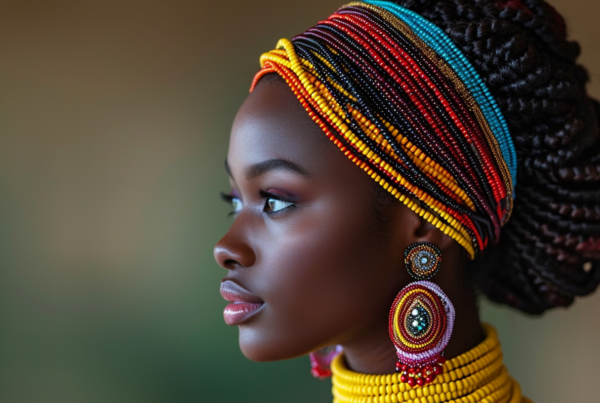 A woman with a colorful head wrap and earrings is depicted in the image. The woman is wearing a vibrant head scarf that covers her head and is adorned with intricate patterns. She also has on stylish earrings that complement her outfit. Her face is not visible, but her braid and neck are visible. The head scarf is a mix of colors, including shades of gray, brown, and gold. The woman appears beautiful and elegant with her accessories. The image is focused on the woman''s head and upper body, highlighting her unique style and fashion sense.