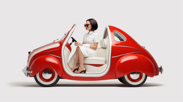 A Red Car With A Woman Sitting In The Driver's Seat.