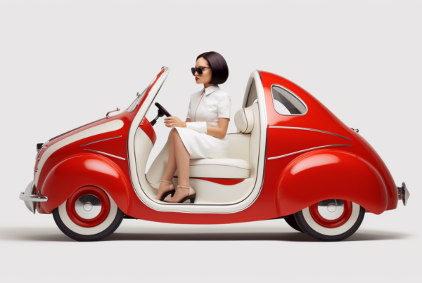 A Red Car With A Woman Sitting In The Driver's Seat.