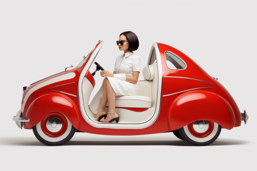 A Red Car With A Woman Sitting In The Driver's Seat.