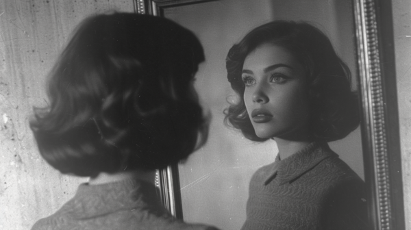 In the image, we see a black and white photo of a woman looking at herself in a mirror. The woman appears to be in her mid-20s, with long, wavy hair styled in an elegant fashion. She is wearing a collar and her reflection shows her face in the mirror. The photo captures the woman''s profile, highlighting her large nose and striking features. The mirror reflects her image back, creating a captivating and introspective moment. The overall composition is artistic and timeless, evoking a sense of beauty and self-reflection.