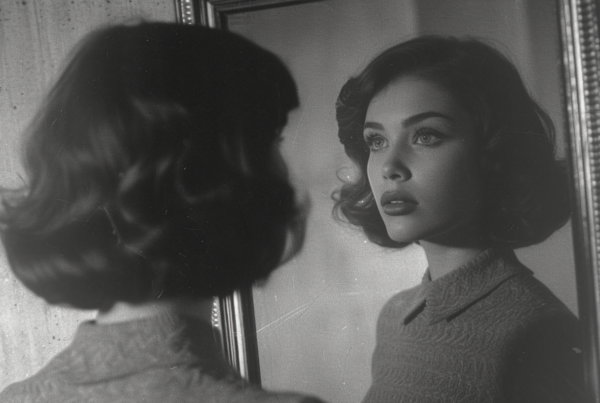 In the image, we see a black and white photo of a woman looking at herself in a mirror. The woman appears to be in her mid-20s, with long, wavy hair styled in an elegant fashion. She is wearing a collar and her reflection shows her face in the mirror. The photo captures the woman''s profile, highlighting her large nose and striking features. The mirror reflects her image back, creating a captivating and introspective moment. The overall composition is artistic and timeless, evoking a sense of beauty and self-reflection.
