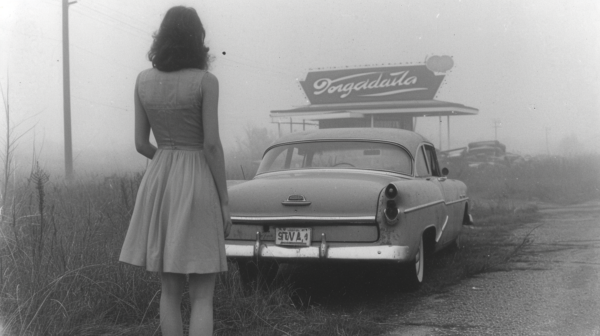 A woman is standing in front of a car on a foggy day. She is wearing a white dress and appears to be looking at something in the distance. The car behind her is a dark color with a license plate visible. The scene is enveloped in a thick layer of fog, creating a mysterious and moody atmosphere. The woman''s back is turned towards the camera, adding to the sense of intrigue. The image captures a moment of solitude and contemplation in the midst of the misty surroundings.