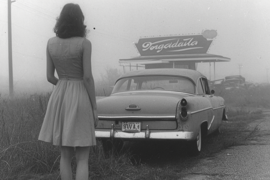 A woman is standing in front of a car on a foggy day. She is wearing a white dress and appears to be looking at something in the distance. The car behind her is a dark color with a license plate visible. The scene is enveloped in a thick layer of fog, creating a mysterious and moody atmosphere. The woman''s back is turned towards the camera, adding to the sense of intrigue. The image captures a moment of solitude and contemplation in the midst of the misty surroundings.